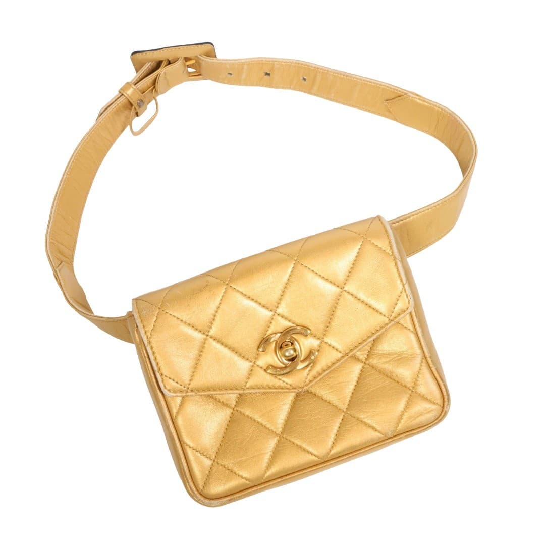 Chanel CC Mini Flap Belt Bag Quilted Waist Bag Gold & Metallic Lambskin Purse handbags auction at Alighieri's