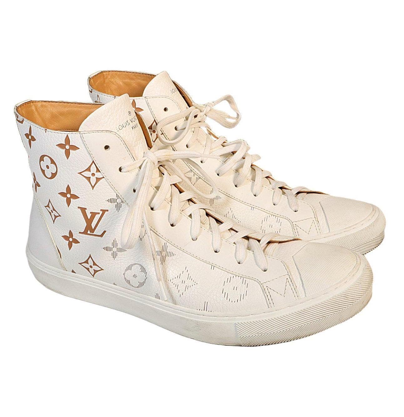 Louis Vuitton Split Monogram White Leather High Tops Men's Sneakers Size 9 - Pre-owned fashion auction at Alighieri's